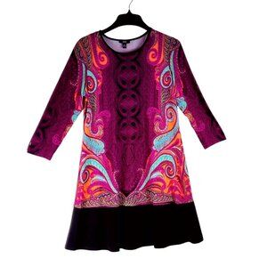 Slinky Jersey Knit Dress Boho Paisley Purple Black Trim Three Quarter Sleeve